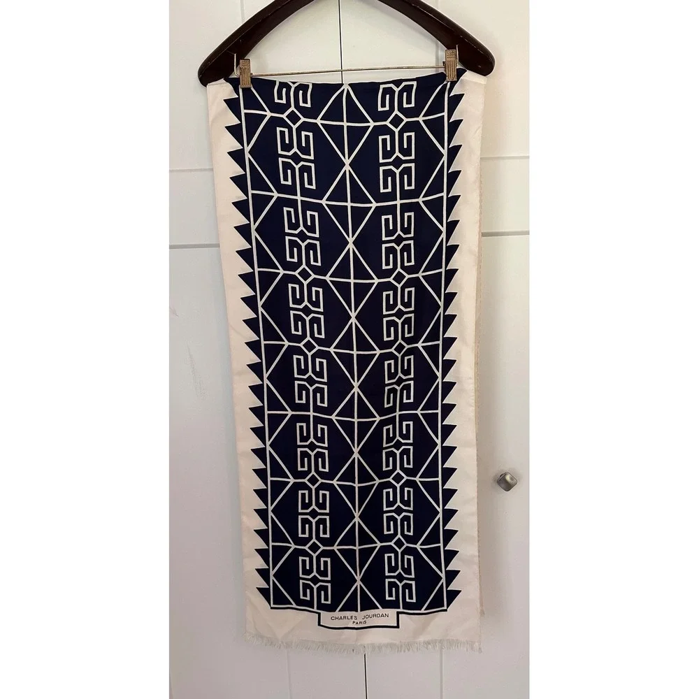 Charles Jourdan Paris Vintage Silk Scarf Navy Blue Cream Greek Key Geometric